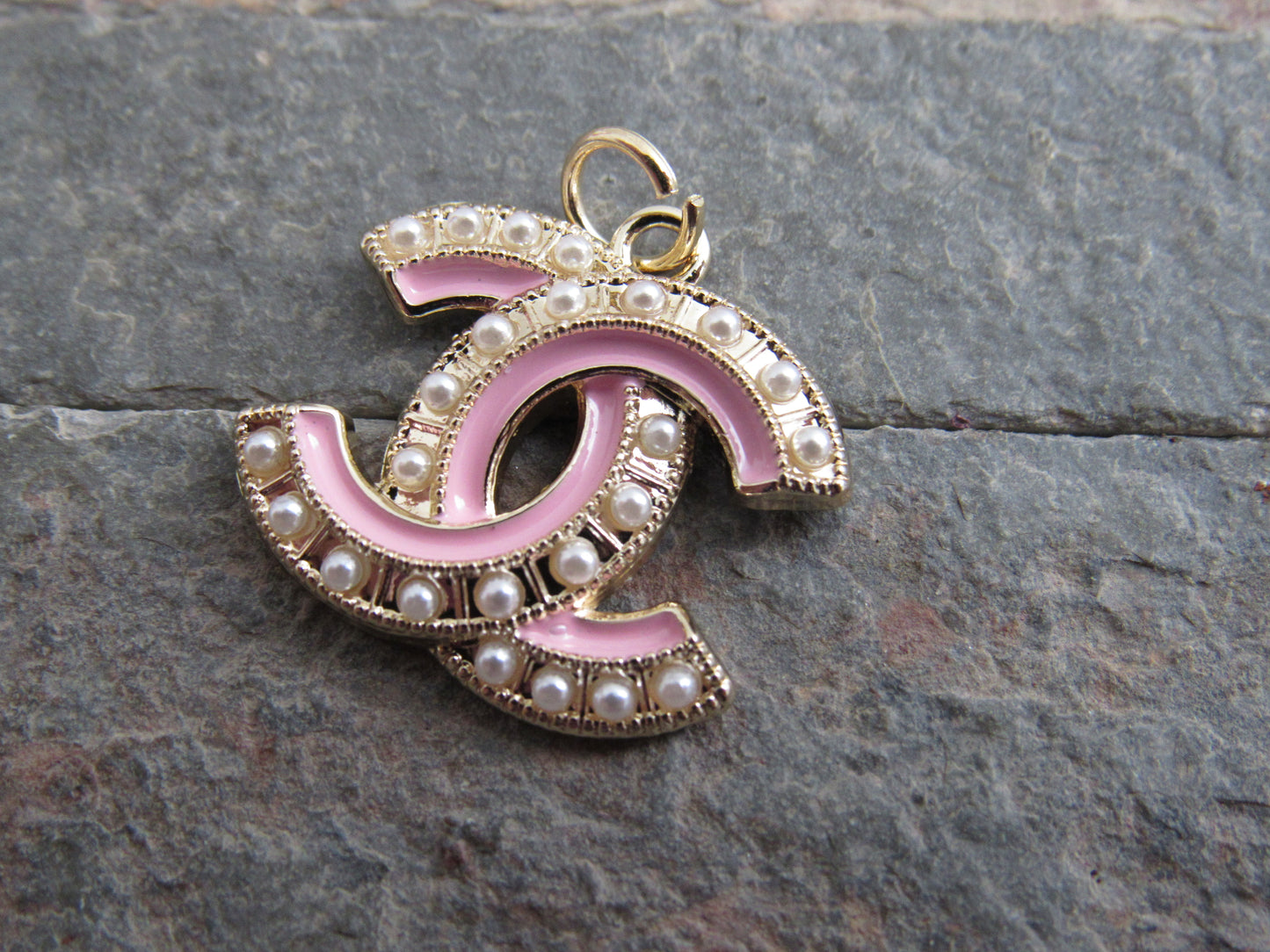 Chanel Pink And Gold Pearl Lined CC Handbag Charm Stamped!