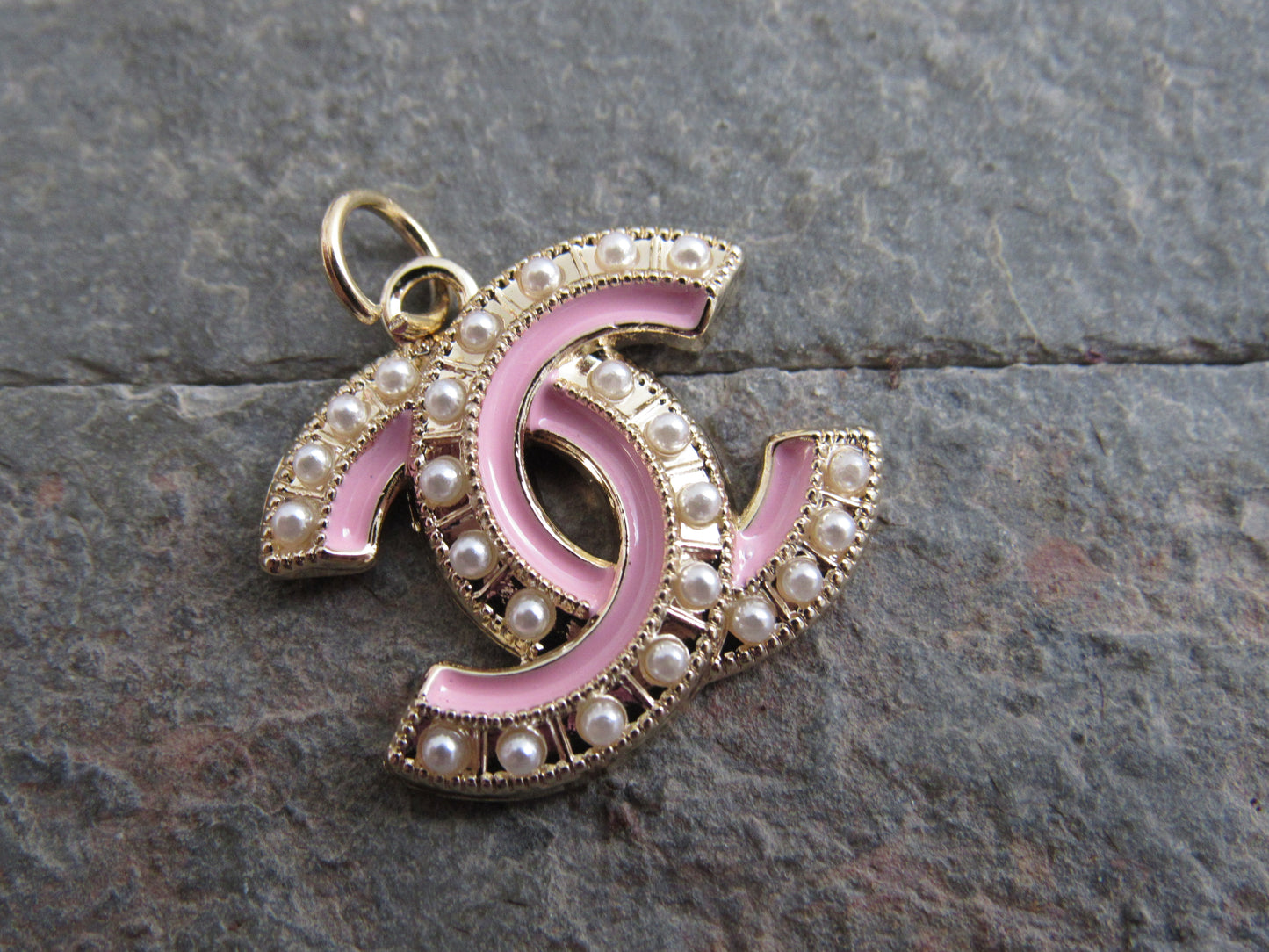 Chanel Pink And Gold Pearl Lined CC Handbag Charm Stamped!