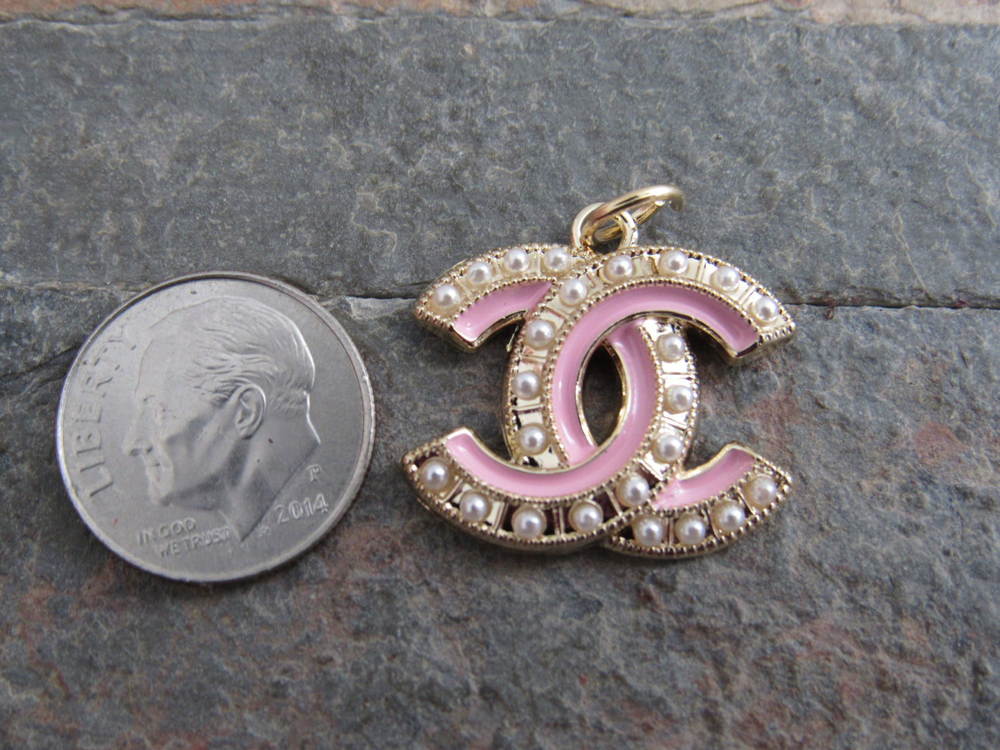 Chanel Pink And Gold Pearl Lined CC Handbag Charm Stamped!