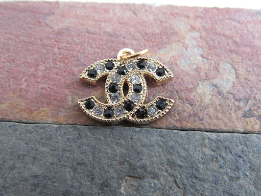 Chanel Onyx And White Rhinestone Lined Gold Tone Zipper Pull Charm Stamped!