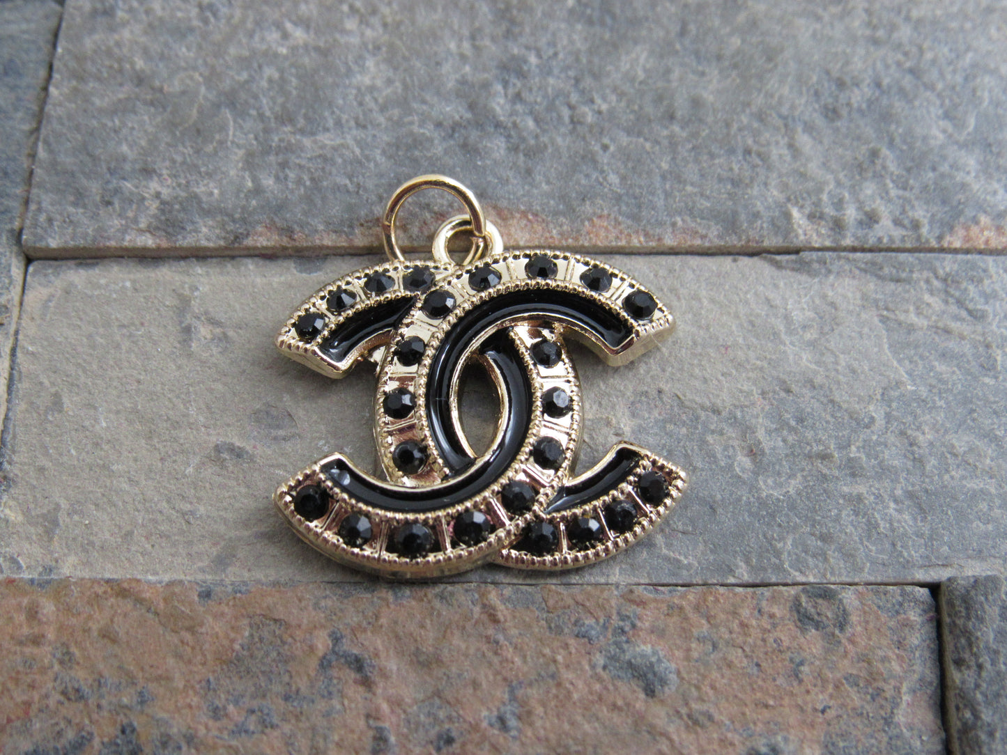 Chanel Gold Tone Onyx Rhinestone Lined CC Zipper Pull Charm Stamped!