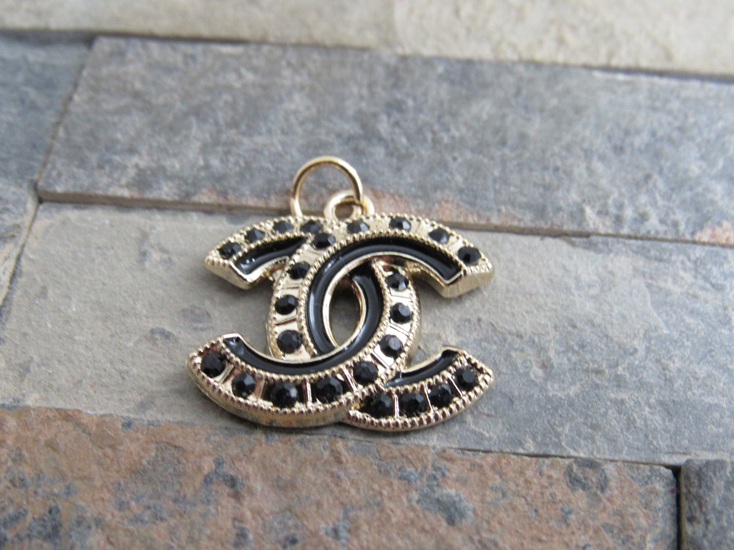 Chanel Gold Tone Onyx Rhinestone Lined CC Zipper Pull Charm Stamped!