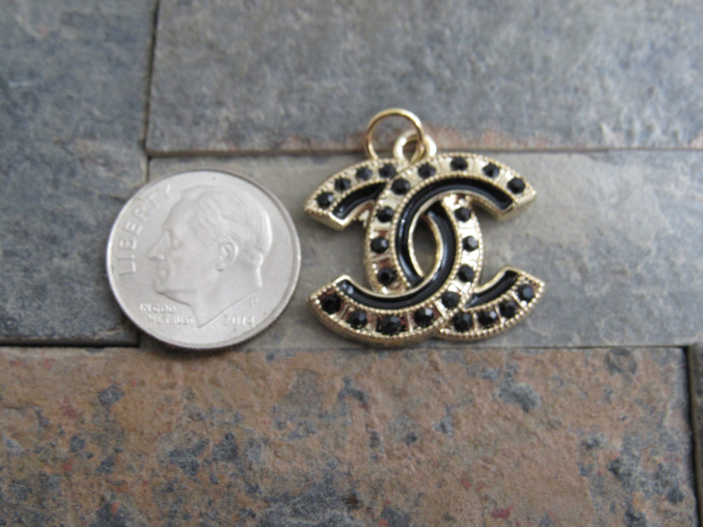 Chanel Gold Tone Onyx Rhinestone Lined CC Zipper Pull Charm Stamped!