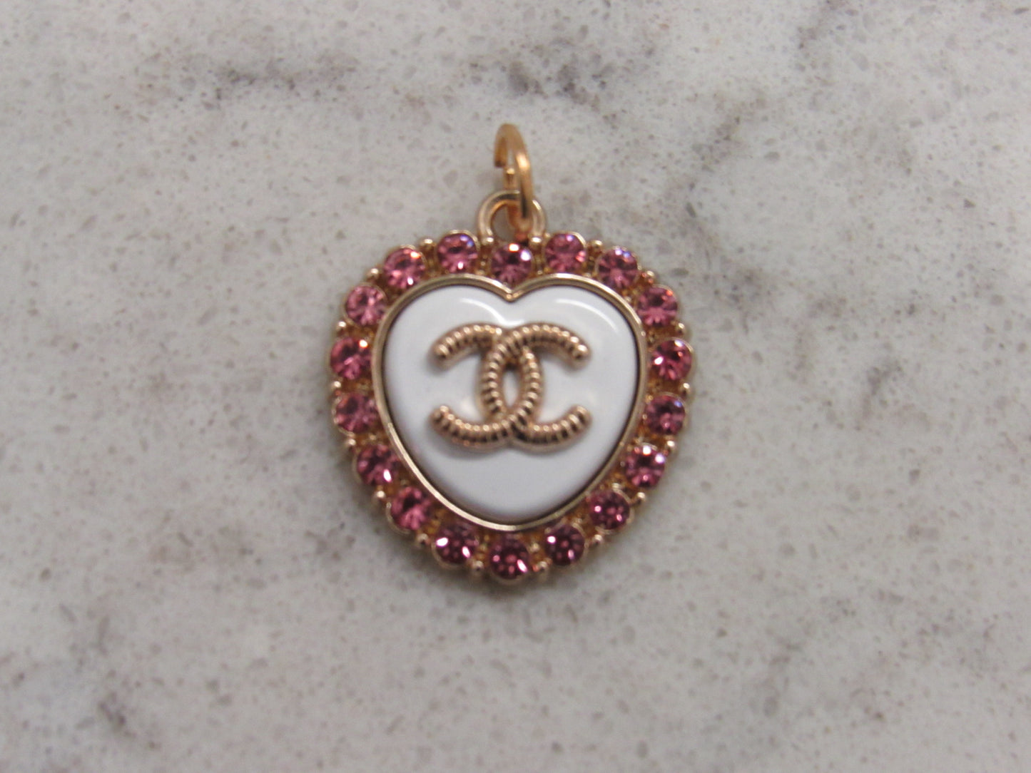 Chanel Vintage Stamped Heart Charm Zipper Pull White With Pink Rhinestones Gold Stamped Back!