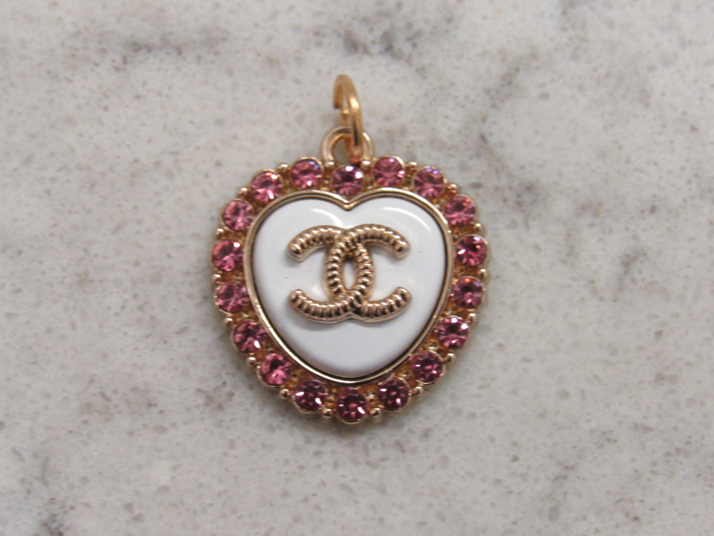 Chanel Vintage Stamped Heart Charm Zipper Pull White With Pink Rhinestones Gold Stamped Back!