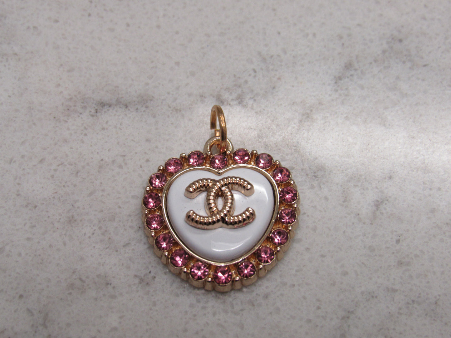 Chanel Vintage Stamped Heart Charm Zipper Pull White With Pink Rhinestones Gold Stamped Back!