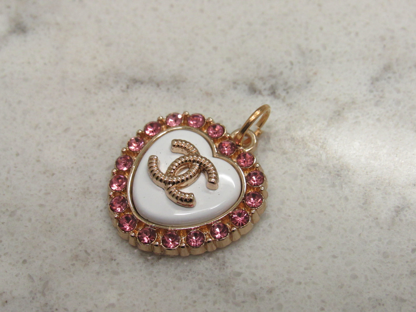 Chanel Vintage Stamped Heart Charm Zipper Pull White With Pink Rhinestones Gold Stamped Back!