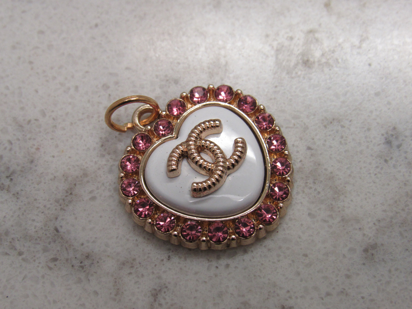 Chanel Vintage Stamped Heart Charm Zipper Pull White With Pink Rhinestones Gold Stamped Back!