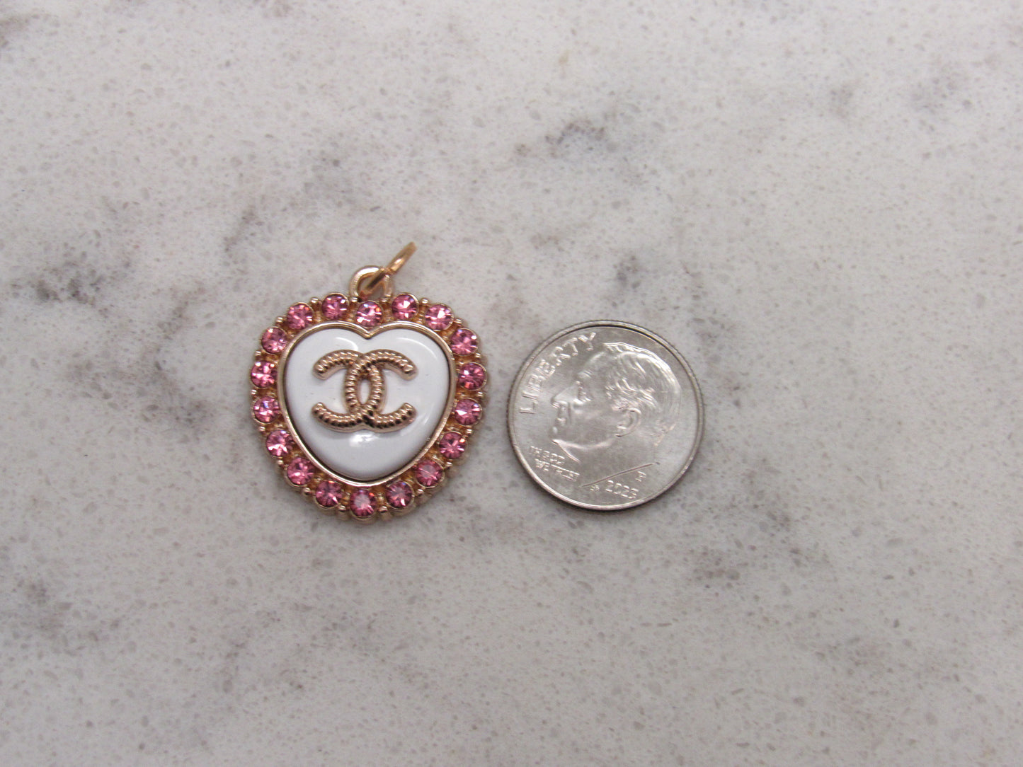 Chanel Vintage Stamped Heart Charm Zipper Pull White With Pink Rhinestones Gold Stamped Back!