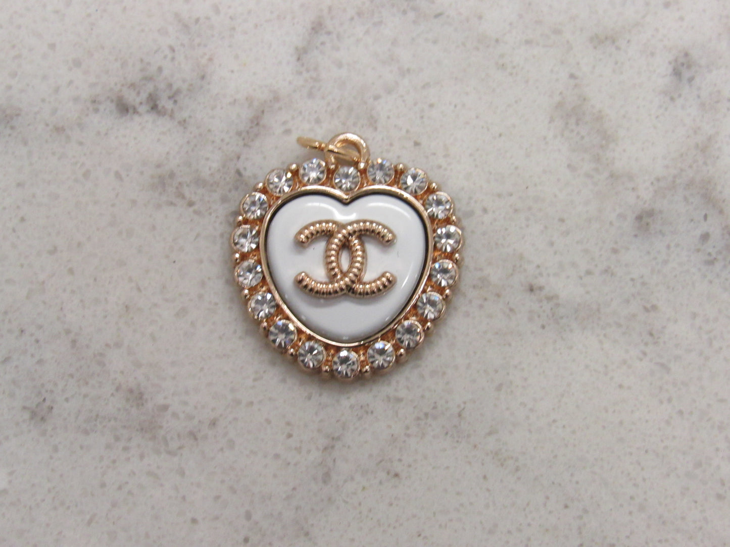 Chanel CC White Heart Crystal Lined Retro Charm Zipper Pull!