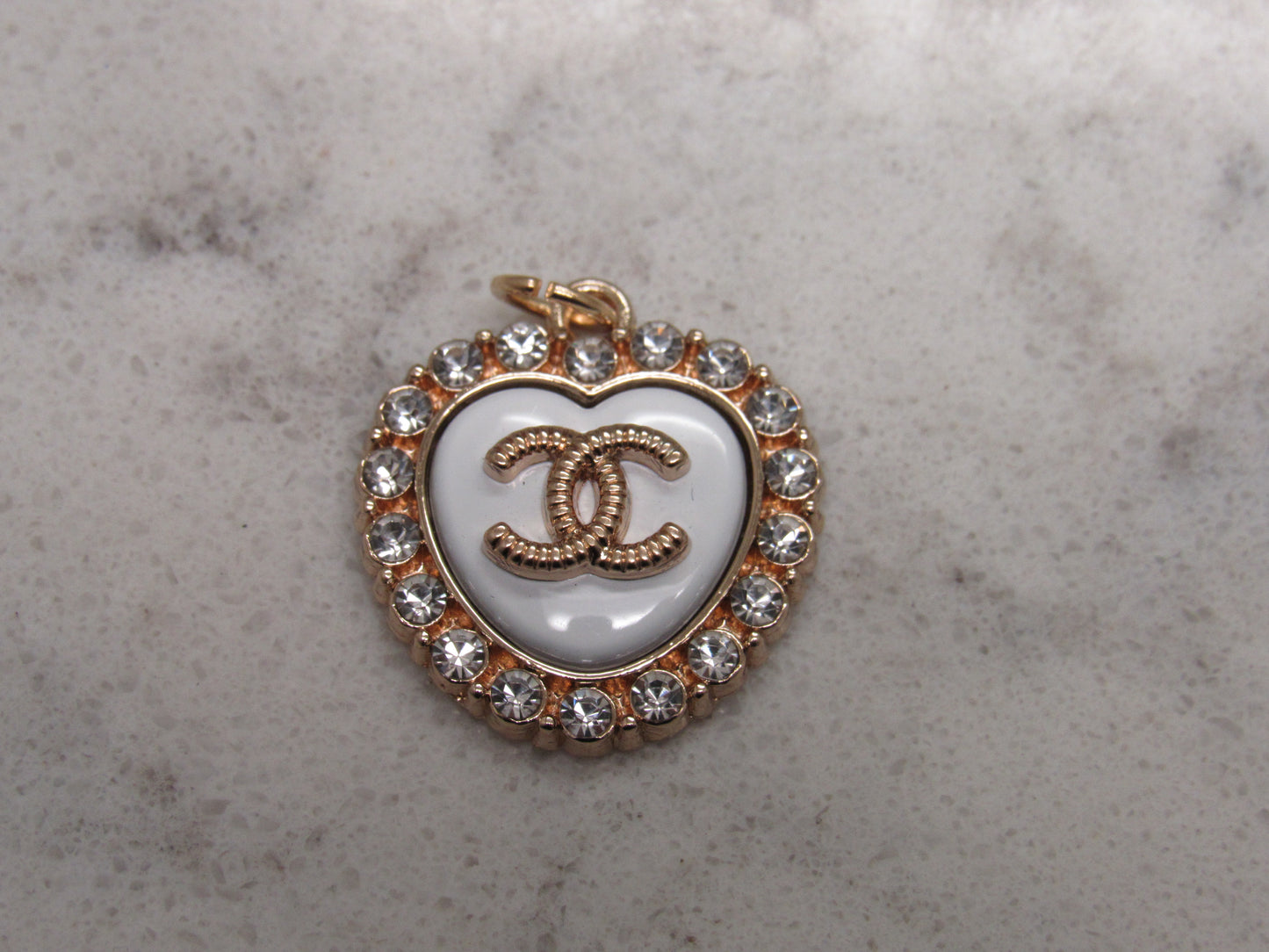 Chanel CC White Heart Crystal Lined Retro Charm Zipper Pull!