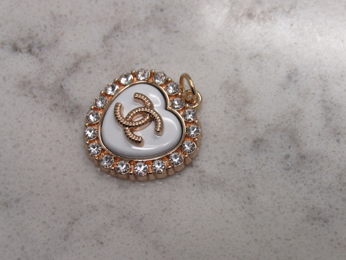 Chanel CC White Heart Crystal Lined Retro Charm Zipper Pull!