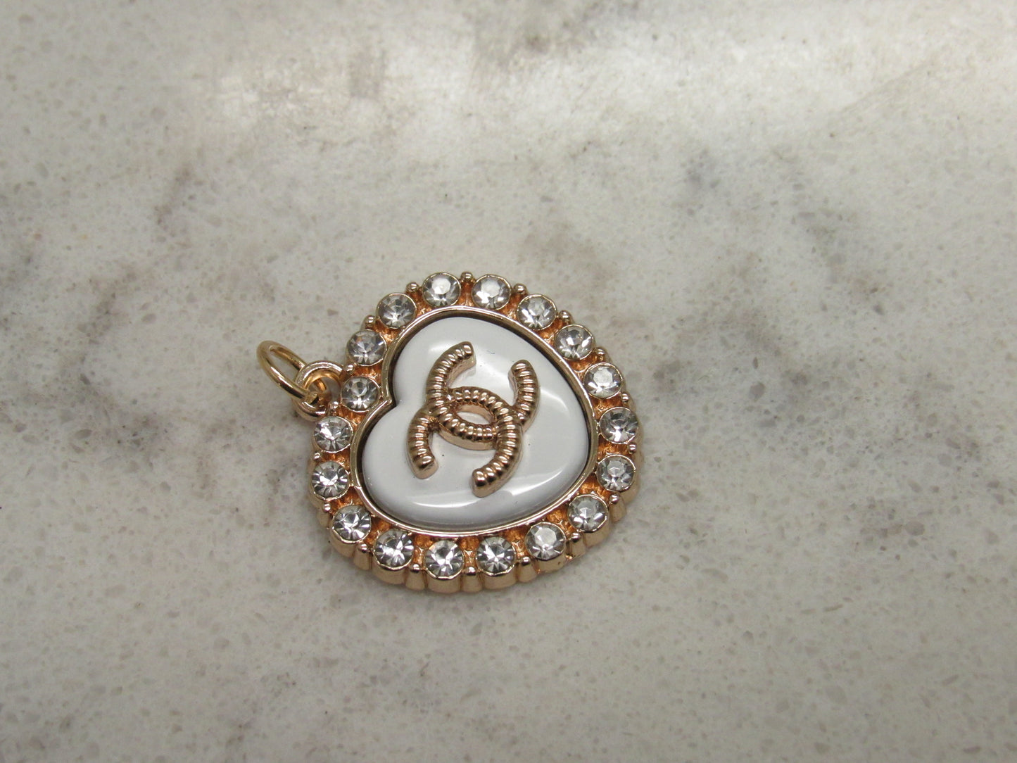 Chanel CC White Heart Crystal Lined Retro Charm Zipper Pull!