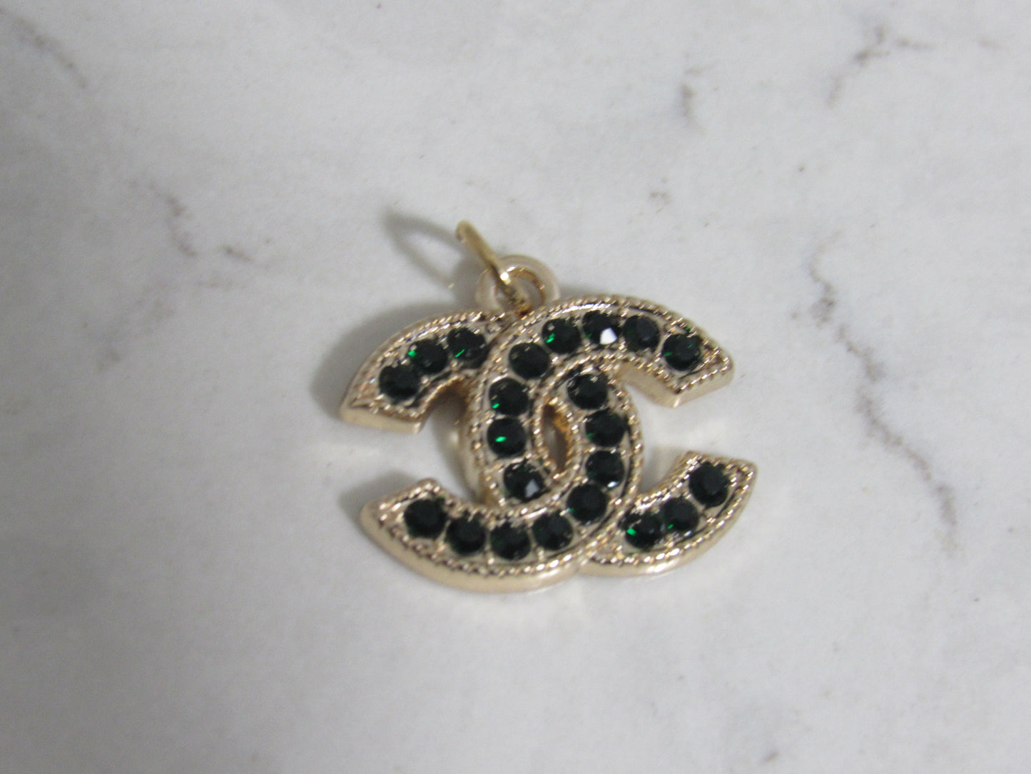 Chanel Retro Dark Green Rhinestone Lined Gold Double C Zipper Pull Charm!