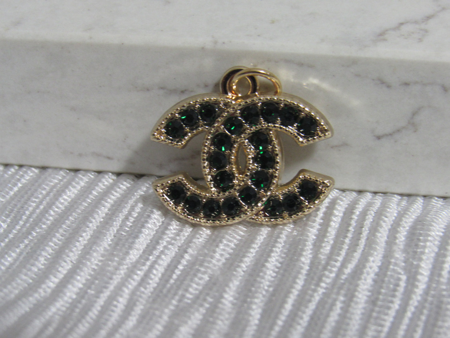 Chanel Retro Dark Green Rhinestone Lined Gold Double C Zipper Pull Charm!