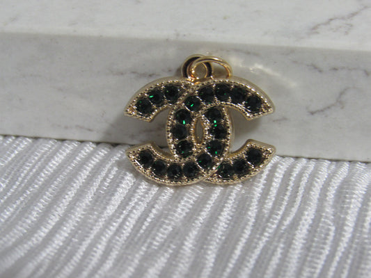 Chanel Retro Dark Green Rhinestone Lined Gold Double C Zipper Pull Charm!