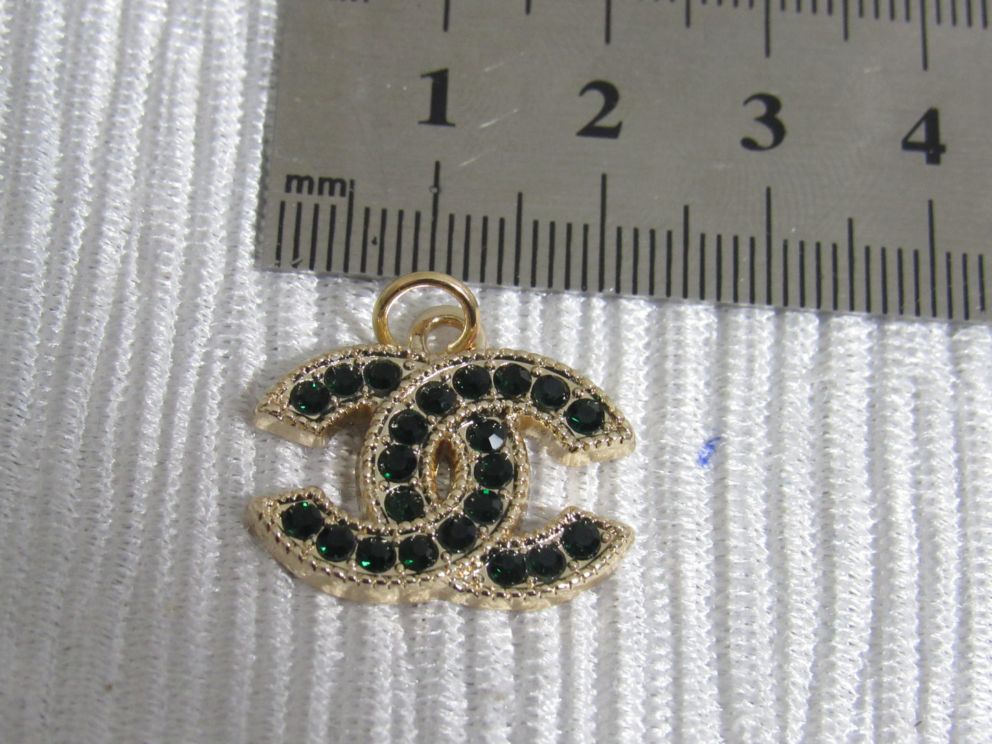 Chanel Retro Dark Green Rhinestone Lined Gold Double C Zipper Pull Charm!