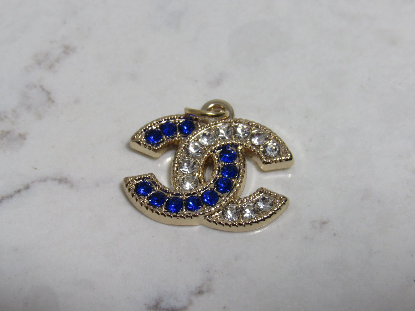 Chanel Retro Blue And White Gem Lined Gold Tone Double C Zipper Pull Charm!