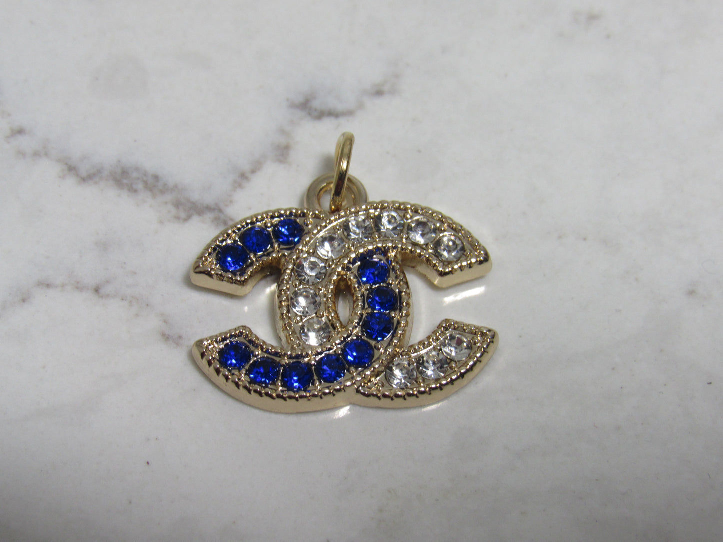 Chanel Retro Blue And White Gem Lined Gold Tone Double C Zipper Pull Charm!