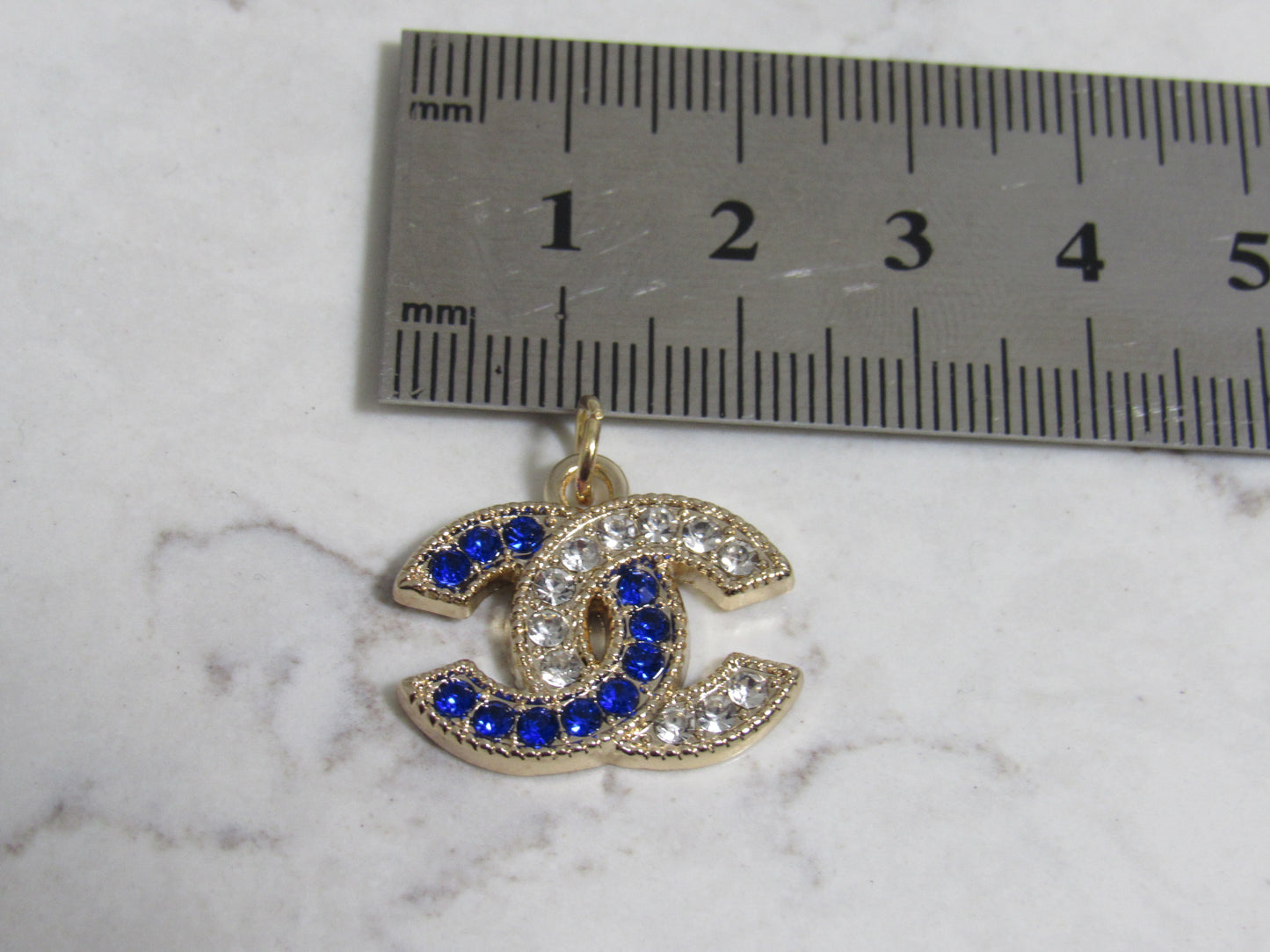 Chanel Retro Blue And White Gem Lined Gold Tone Double C Zipper Pull Charm!