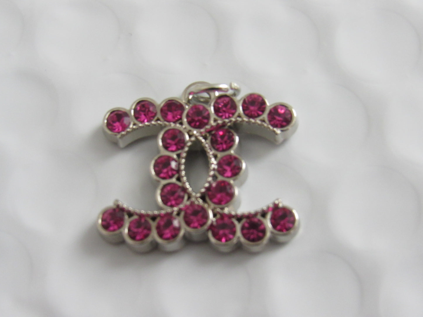 Chanel Raspberry Rhinestone Lined Silver CC Zipper Pull Charm Stamped!