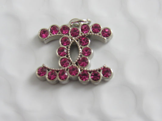 Chanel Raspberry Rhinestone Lined Silver CC Zipper Pull Charm Stamped!