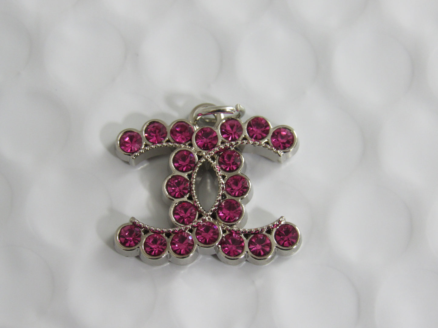 Chanel Raspberry Rhinestone Lined Silver CC Zipper Pull Charm Stamped!