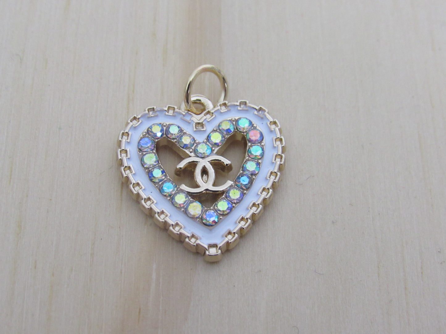 Chanel Retro Gold Tone And White Crystal Heart Zipper Pull Charm!