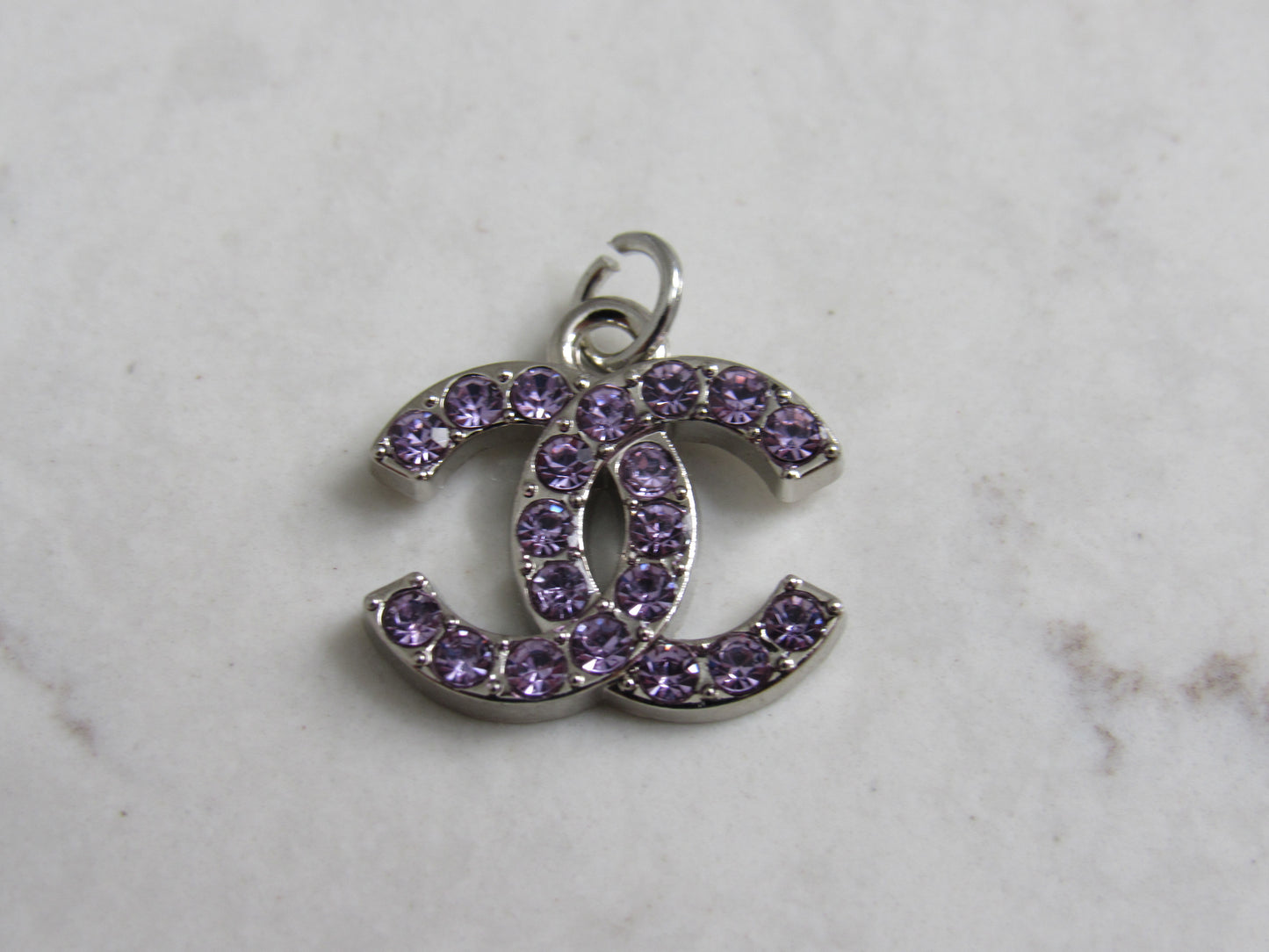 Chanel Purple Crystal Gem Lined CC Zipper Pull Charm Silver Tone Back Stamped!