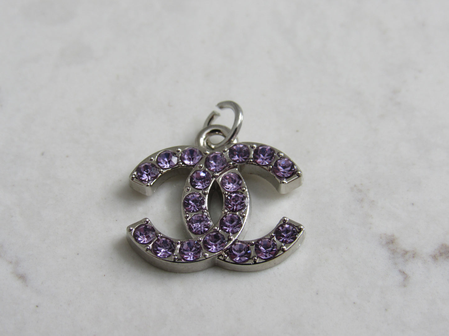 Chanel Purple Crystal Gem Lined CC Zipper Pull Charm Silver Tone Back Stamped!