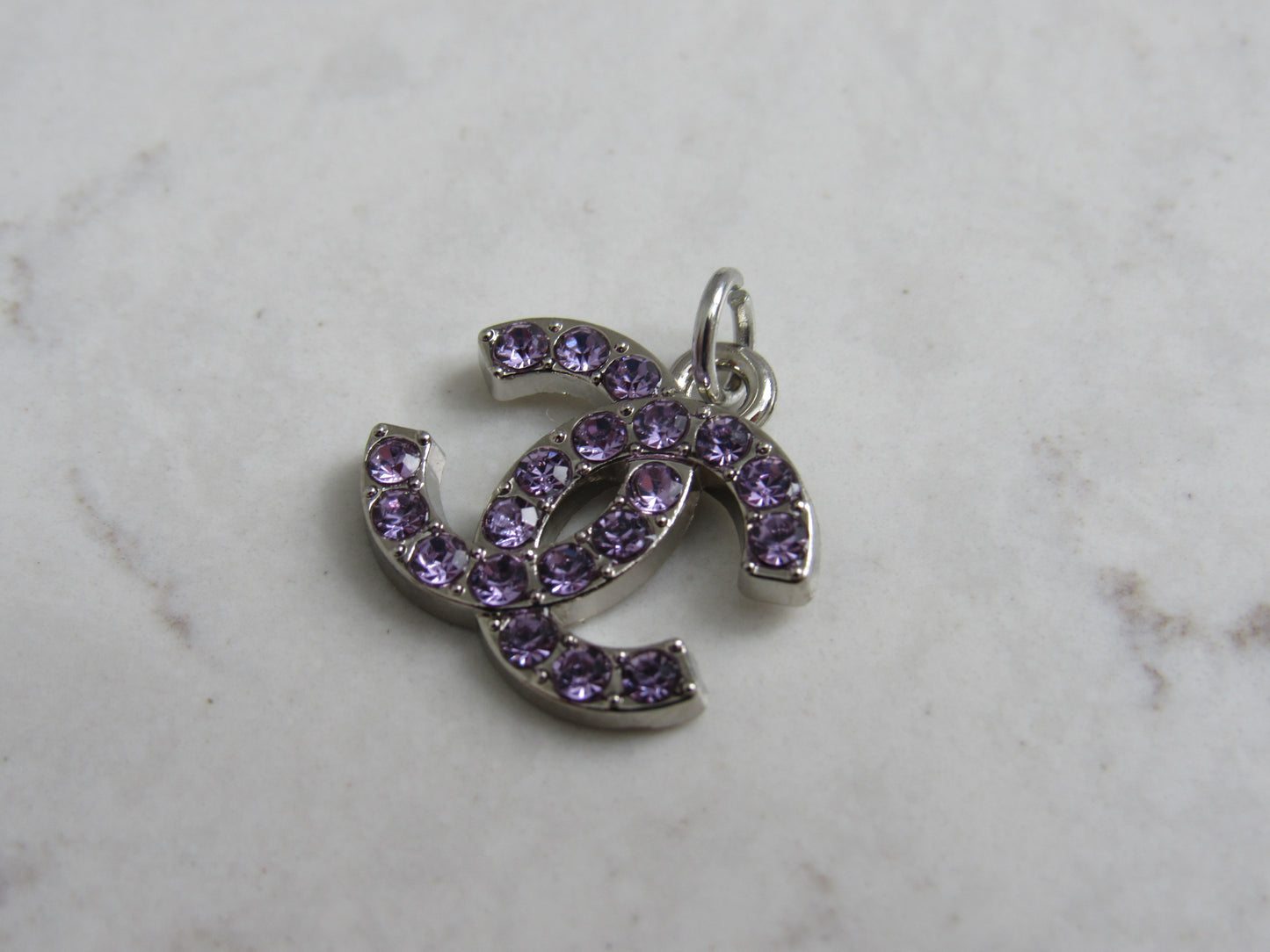 Chanel Purple Crystal Gem Lined CC Zipper Pull Charm Silver Tone Back Stamped!