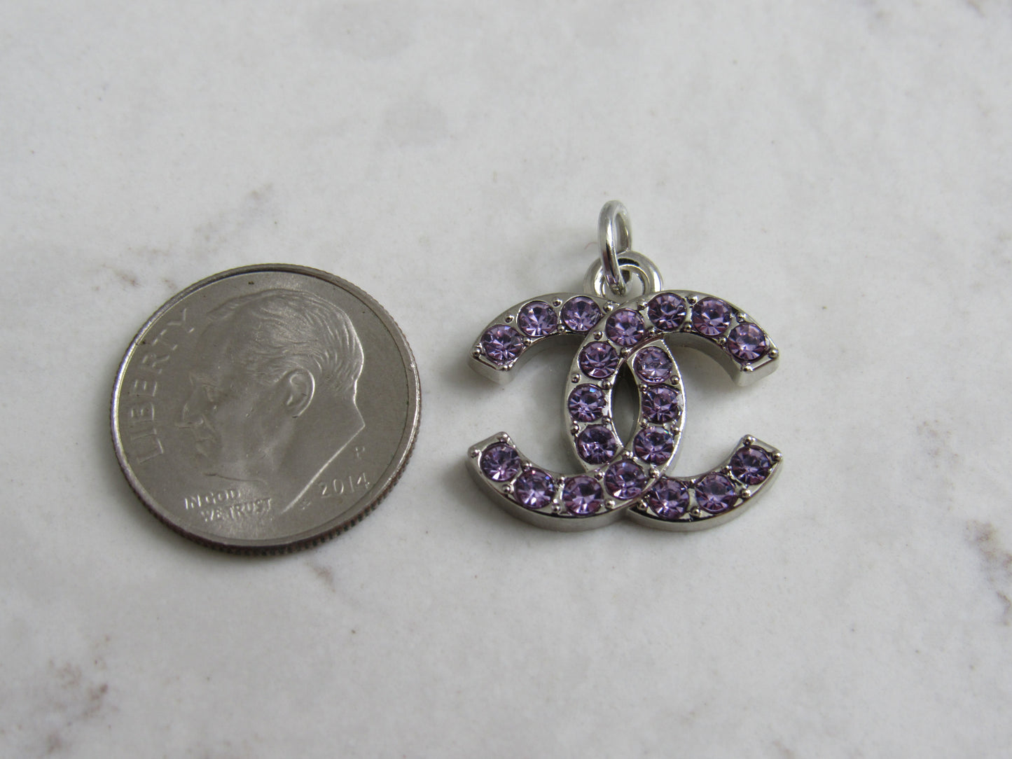 Chanel Purple Crystal Gem Lined CC Zipper Pull Charm Silver Tone Back Stamped!