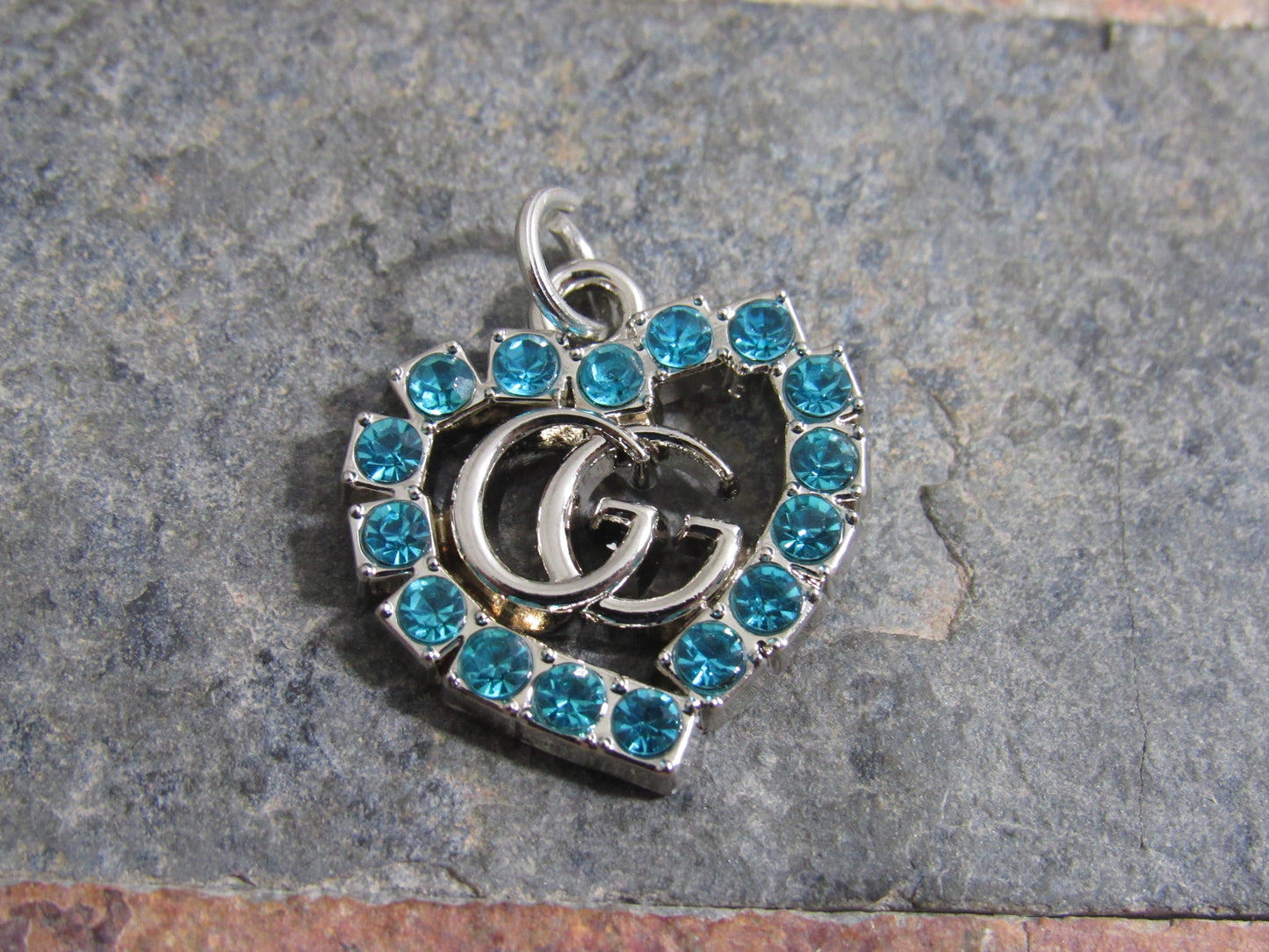 Gucci Silver Tone Teal Gem Lined Heart Zipper Pull Charm!