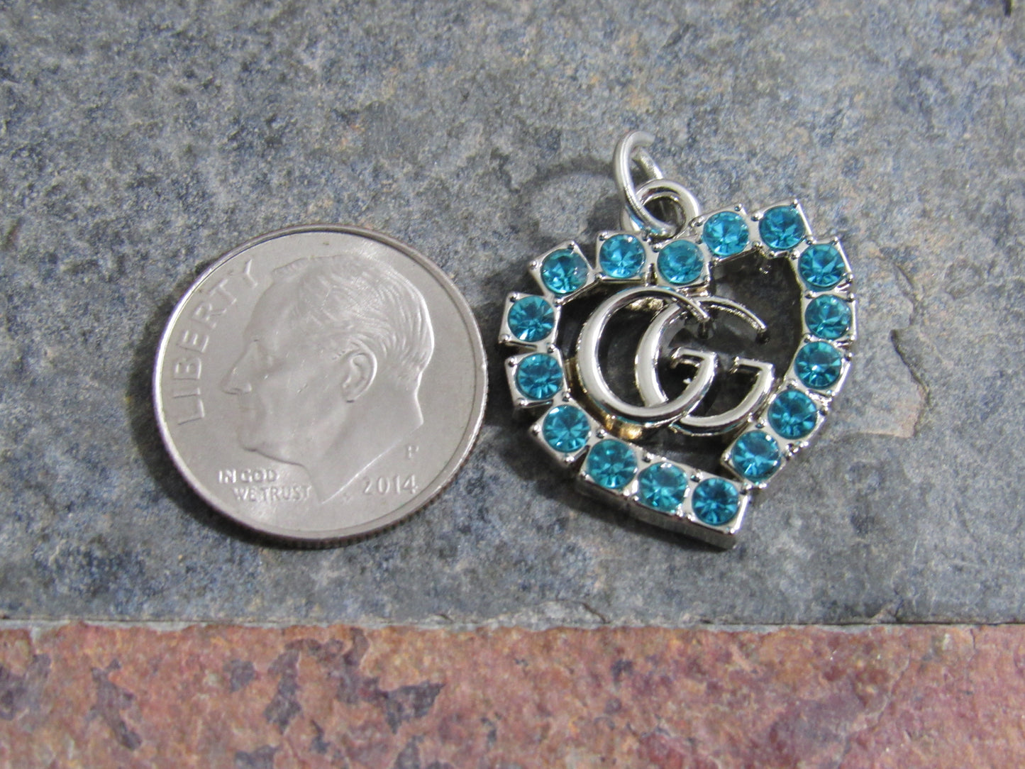 Gucci Silver Tone Teal Gem Lined Heart Zipper Pull Charm!