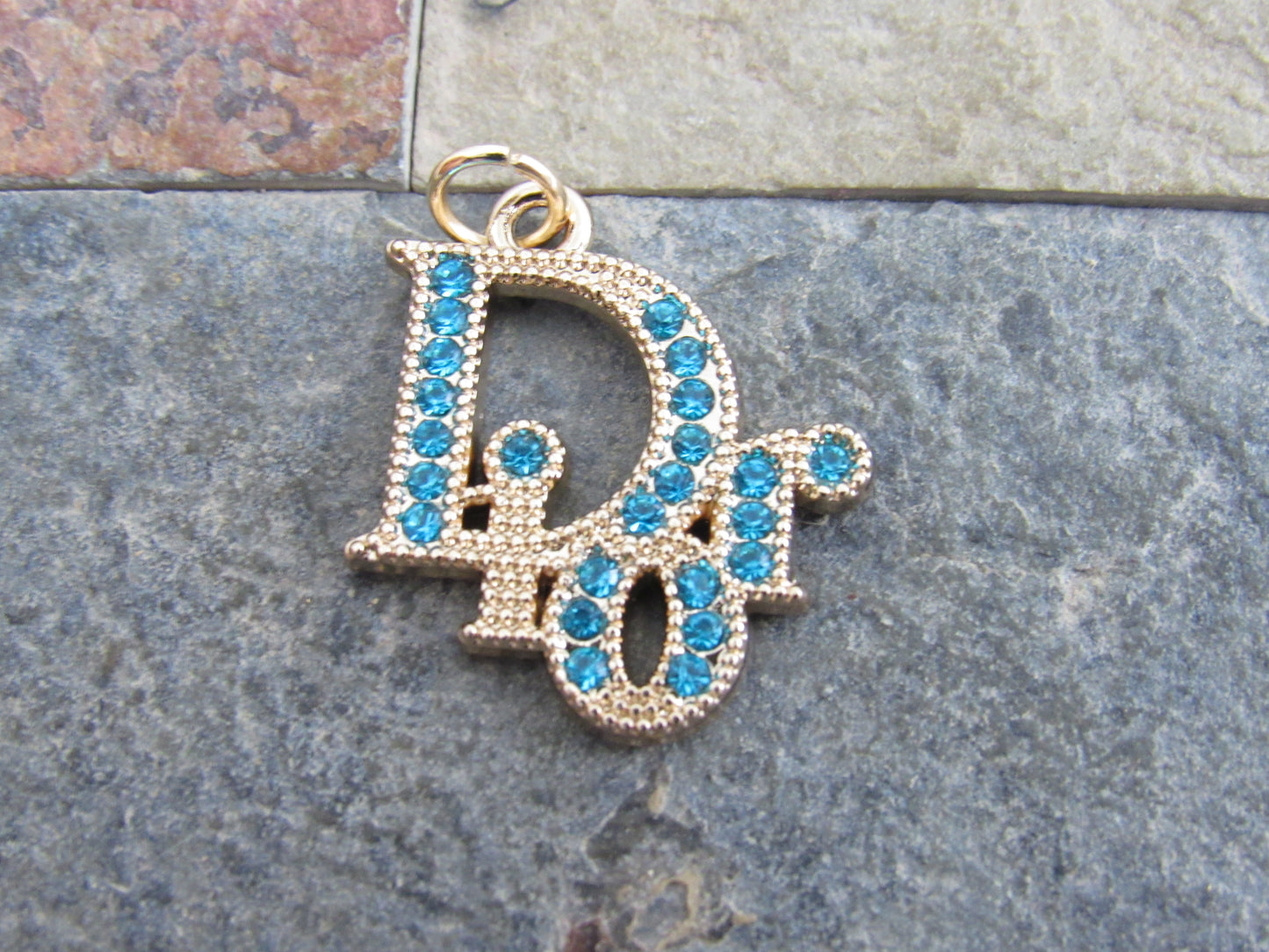 Dior Gold Tone Teal Rhinestone Iced Zipper Pull Charm!