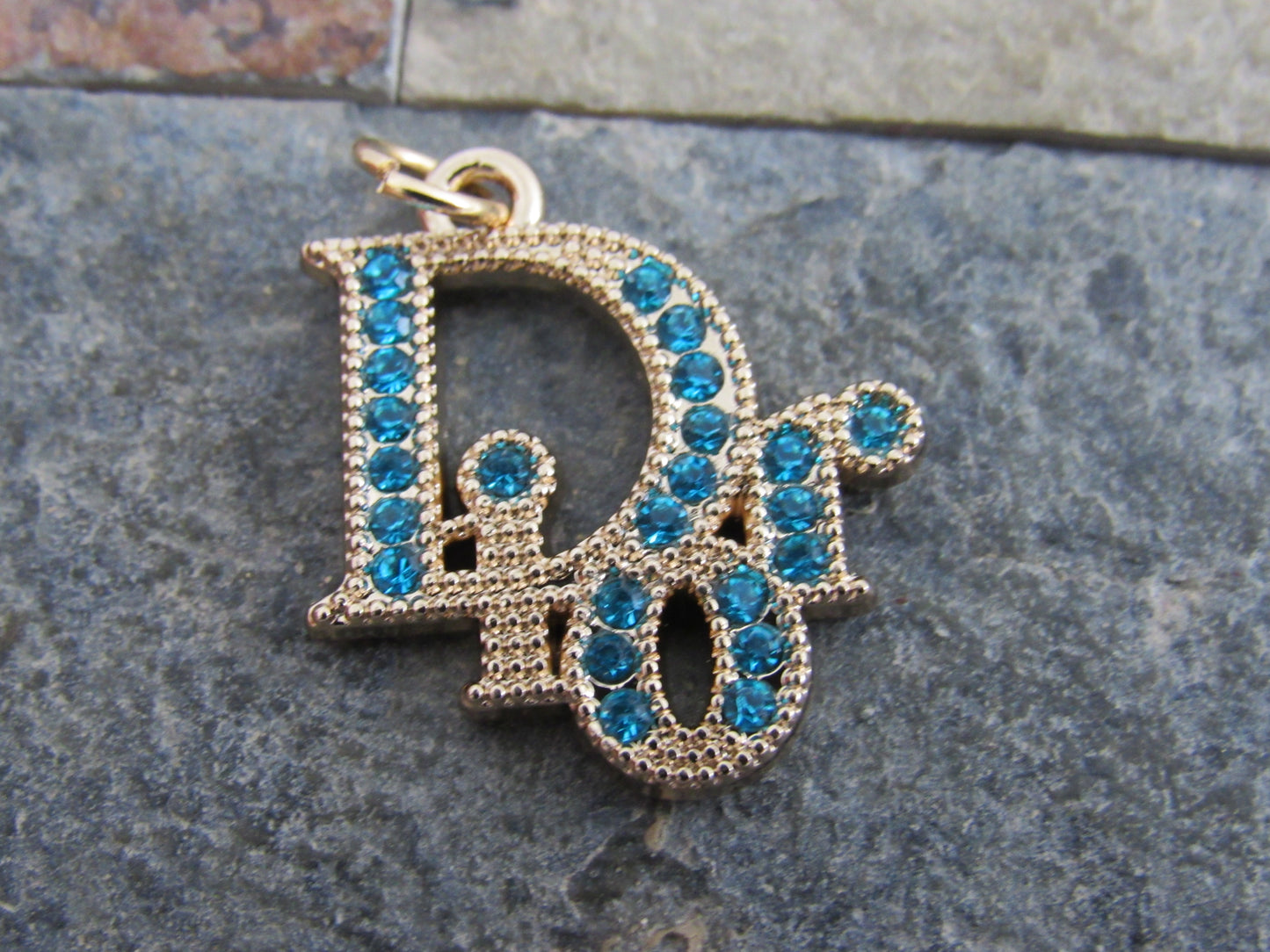 Dior Gold Tone Teal Rhinestone Iced Zipper Pull Charm!