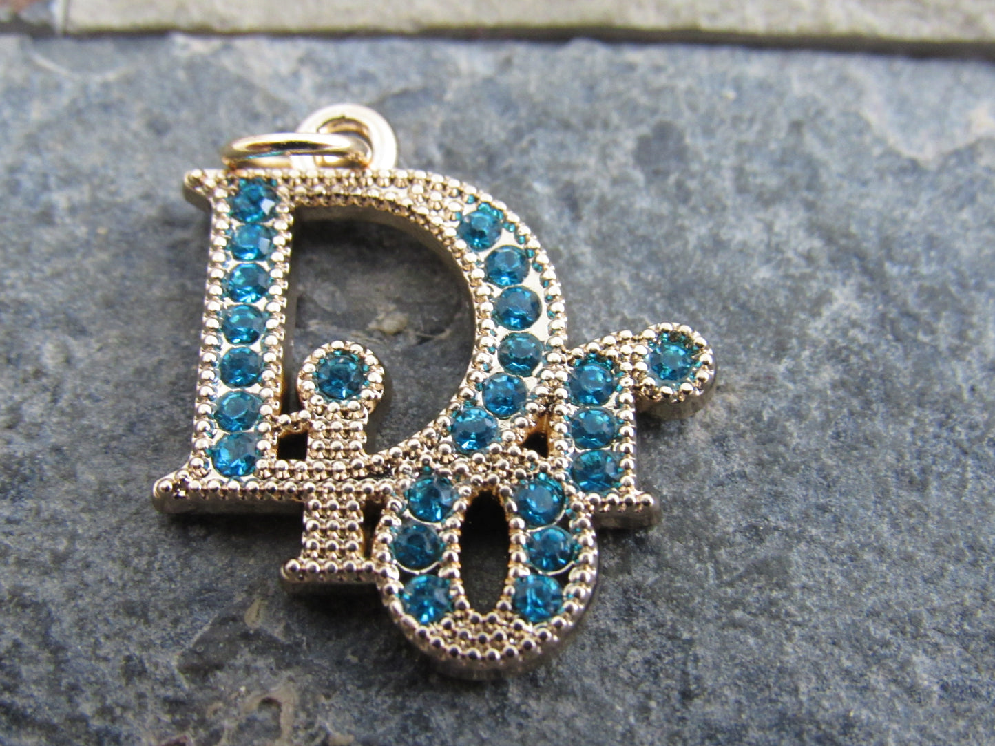 Dior Gold Tone Teal Rhinestone Iced Zipper Pull Charm!