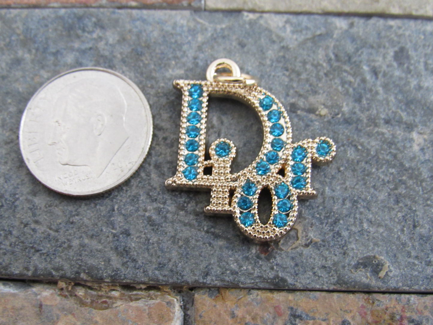 Dior Gold Tone Teal Rhinestone Iced Zipper Pull Charm!