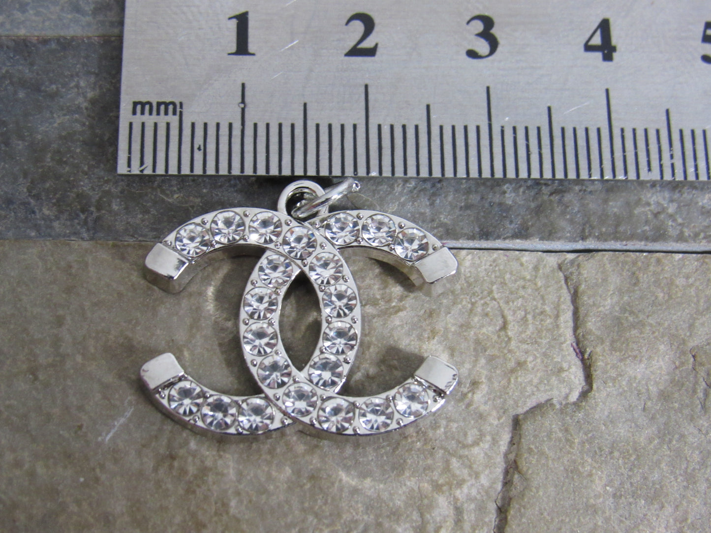 Chanel Silver Tone Clear Rhinestone Lined Bigger 25mm Zipper Pull Charm Stamped!