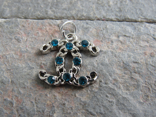 Chanel Silver Tone Teal Crystal Inlay Stamped CC Zipper Pull Charm!