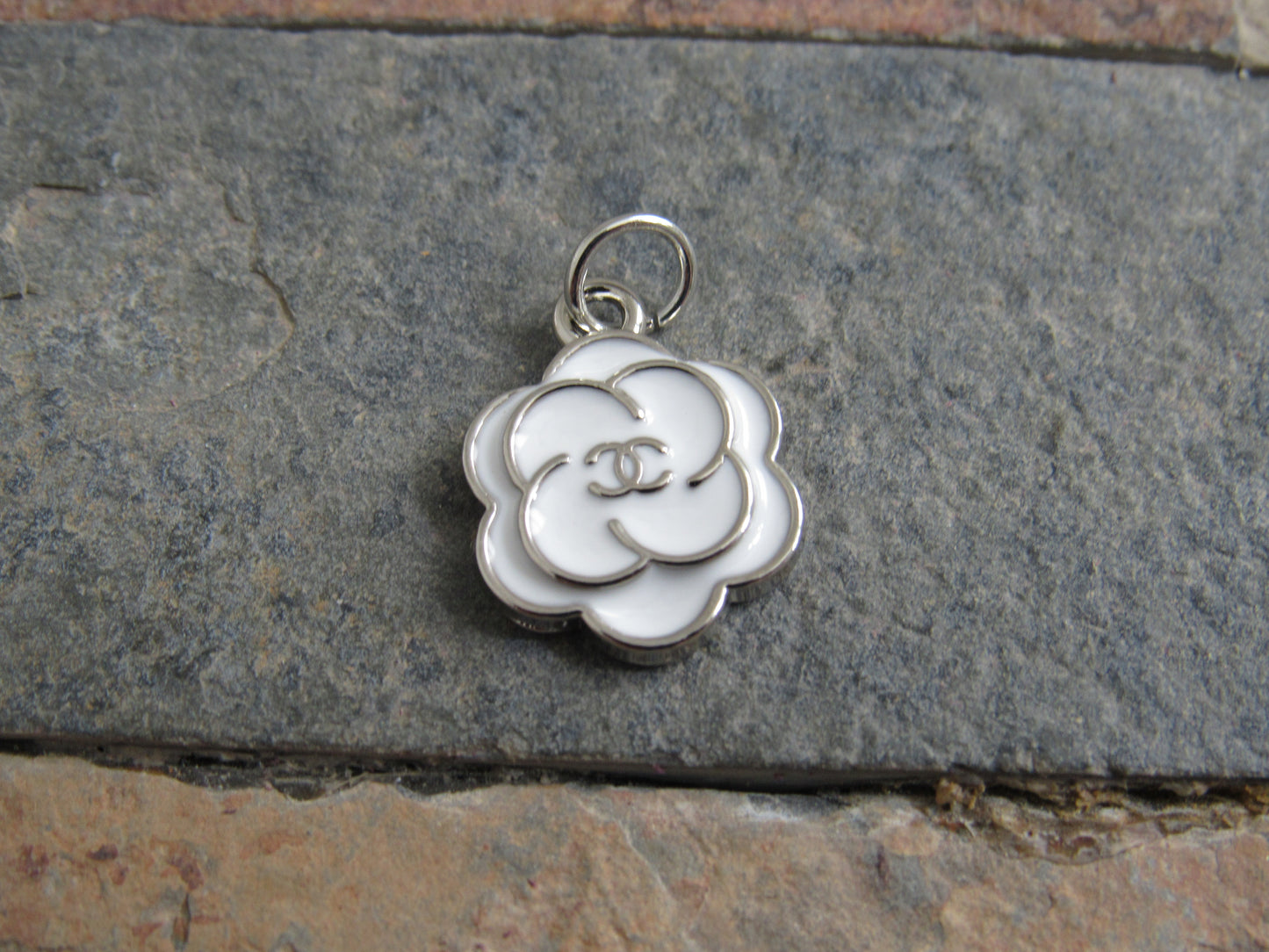 Chanel Stamped White Flower Rose Silver Tone Zipper Pull Charm!