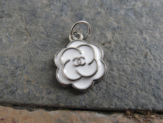 Chanel Stamped White Flower Rose Silver Tone Zipper Pull Charm!