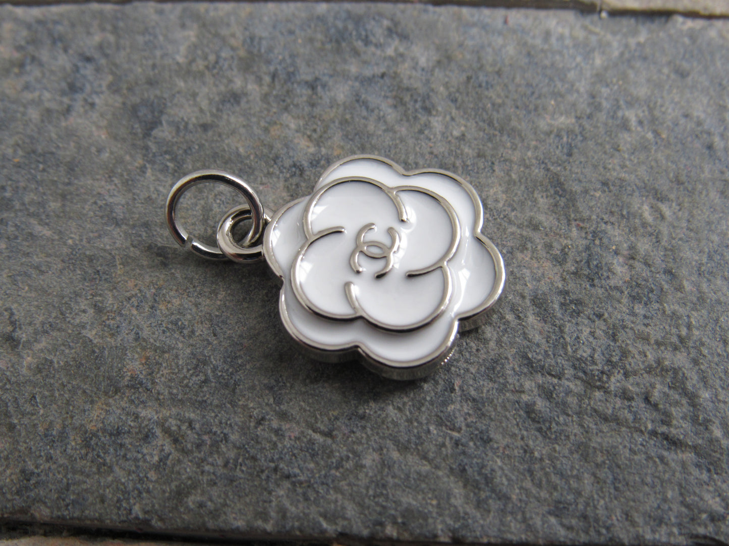 Chanel Stamped White Flower Rose Silver Tone Zipper Pull Charm!