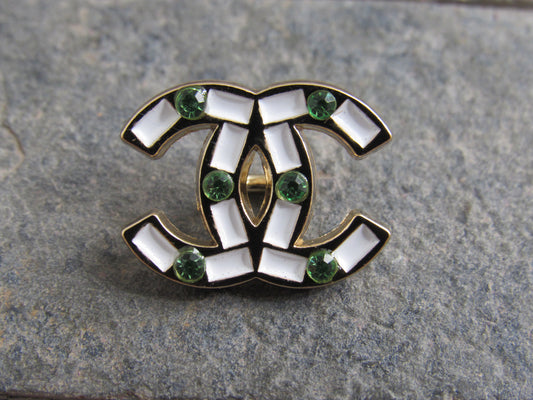 Chanel White And Gold Stamped Button With Green Gem Inlay!