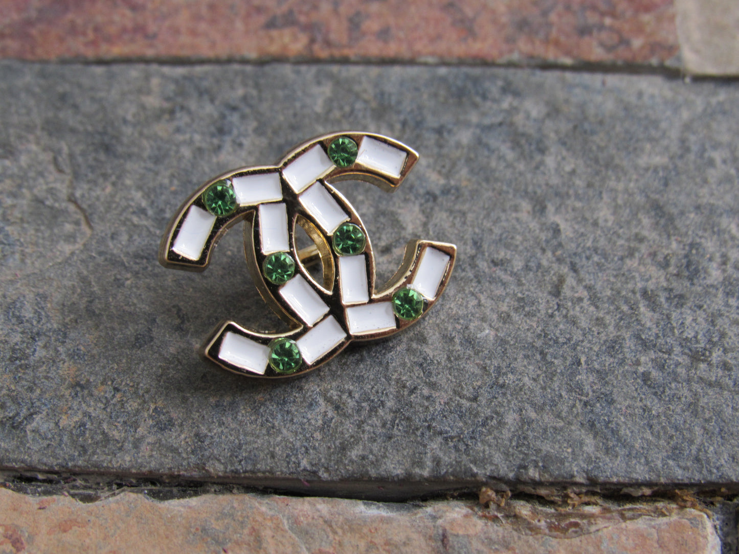 Chanel White And Gold Stamped Button With Green Gem Inlay!