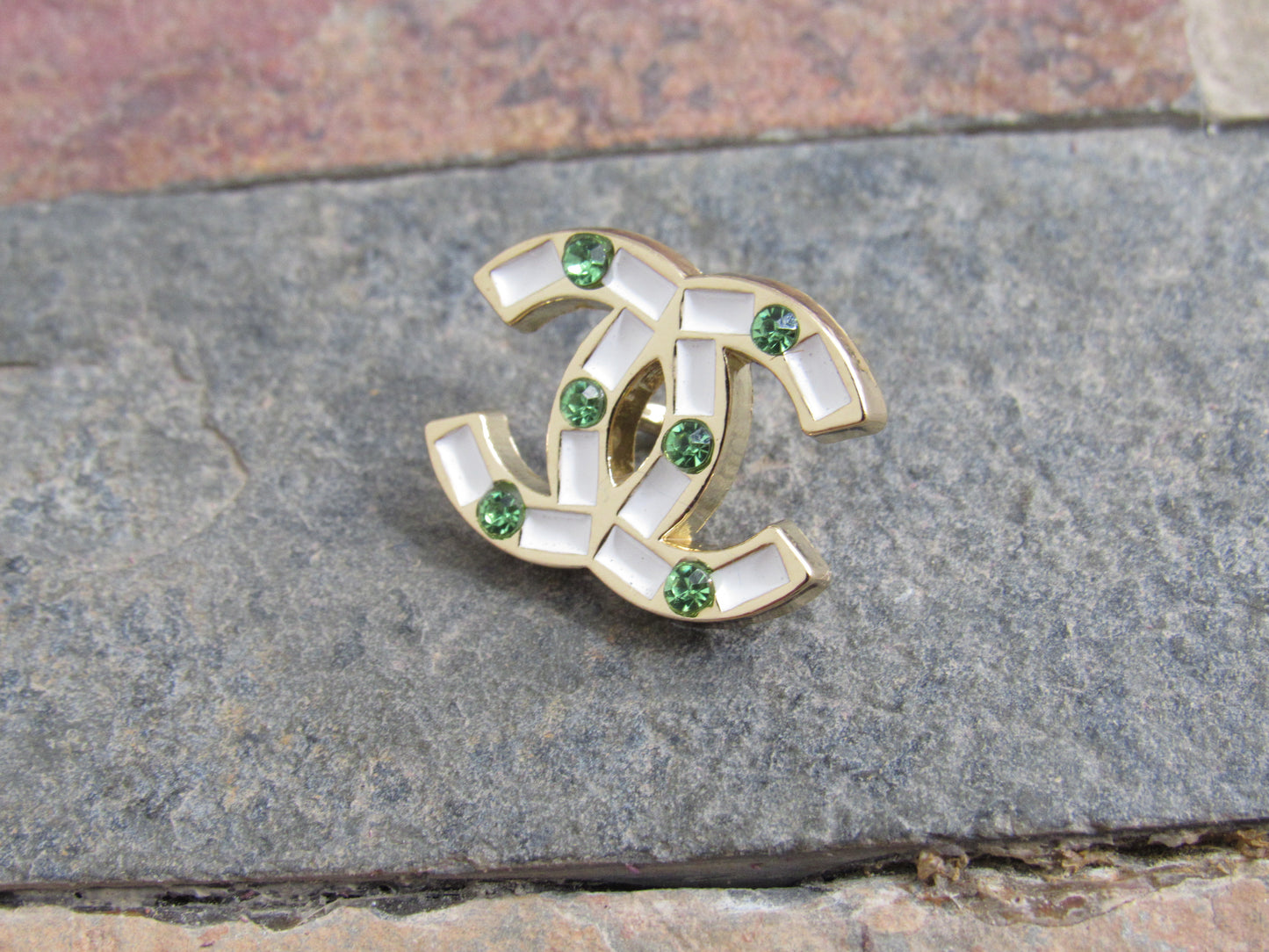 Chanel White And Gold Stamped Button With Green Gem Inlay!