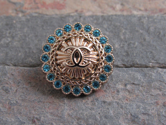 Retro Chanel Gold Tone Stamped Button With Teal Topaz Inlay!