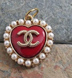 Chanel Retro Red Pearl Lined Heart Shaped Zipper Pull Charm!