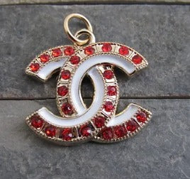 Chanel Gold Tone Red Gem Lined White Stripe Zipper Pull Charm!