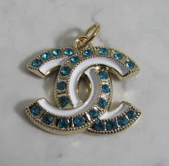 Chanel Teal Rhinestone Lined White Stripe Retro Handbag Charm 22mm Stamped!